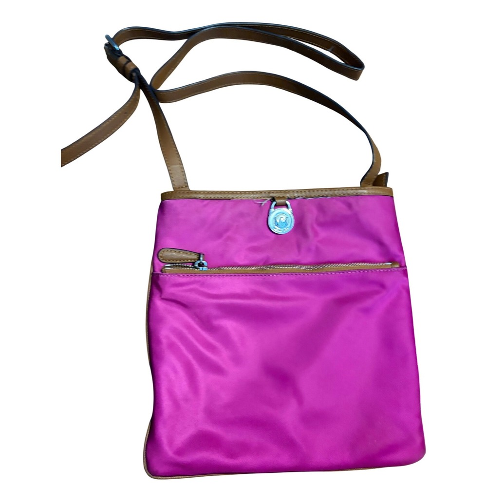 Michael Kors Crossbody Bag Nylon Fuchsia Pink Tan Leather Trim Slim Messenger OS